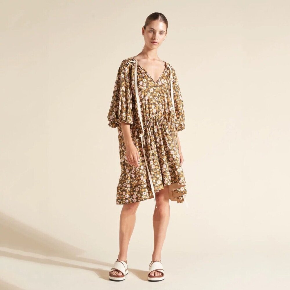 $600 NWOT Lee Mathews Ariel Puff Sleeve Tunic Floral Dress Over Size Linen Silk